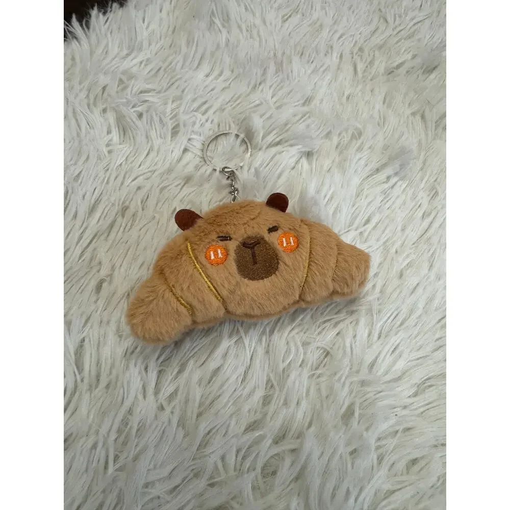 Capybara croissant plush keychain with embroidered  face and orange cheeks